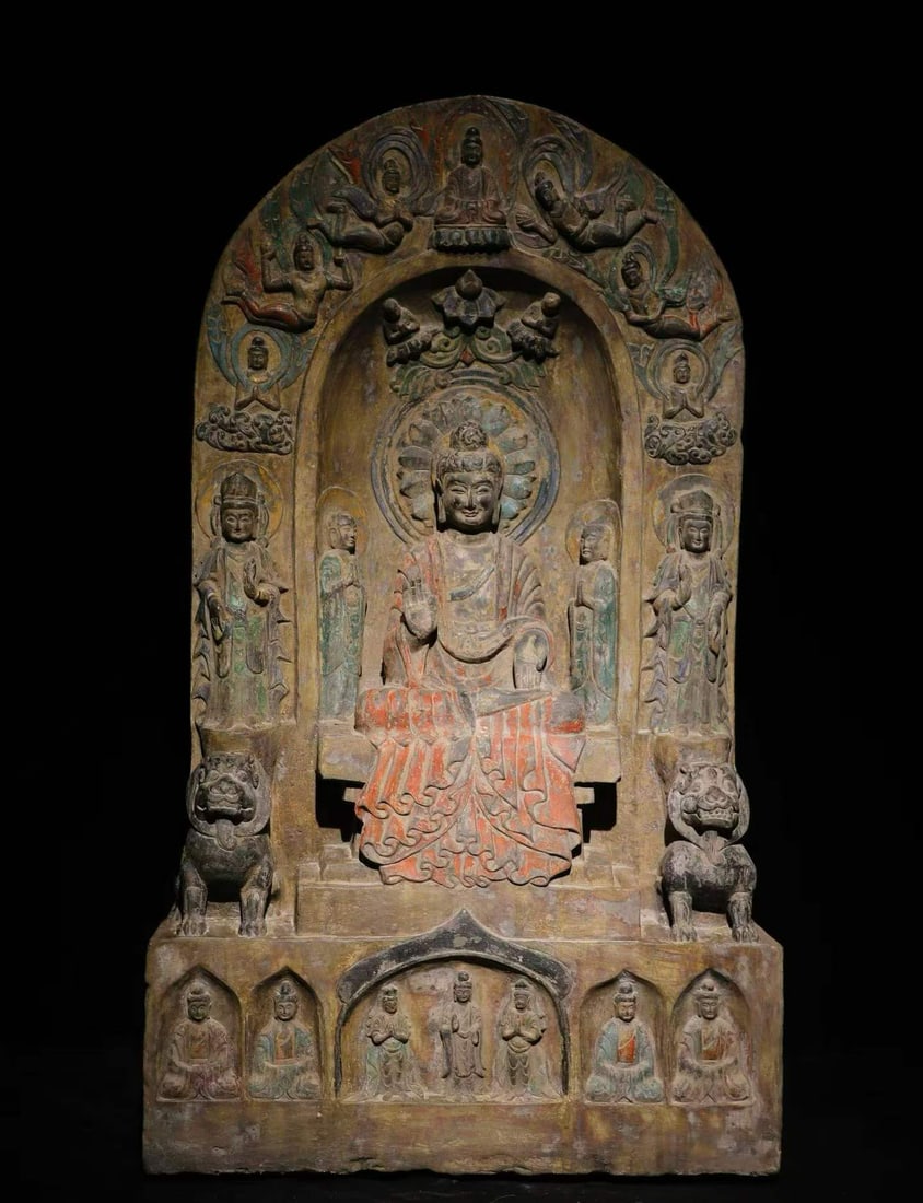 Northern Wei Painted Bluestone Large Buddha Back Screen: Northern Wei Blue Stone Painted Great Buddha Back Screen: Blue stone carved with central main Buddha, attendant Bodhisattvas and flying apsaras surrounding the sides, well-preserved ancient painted co