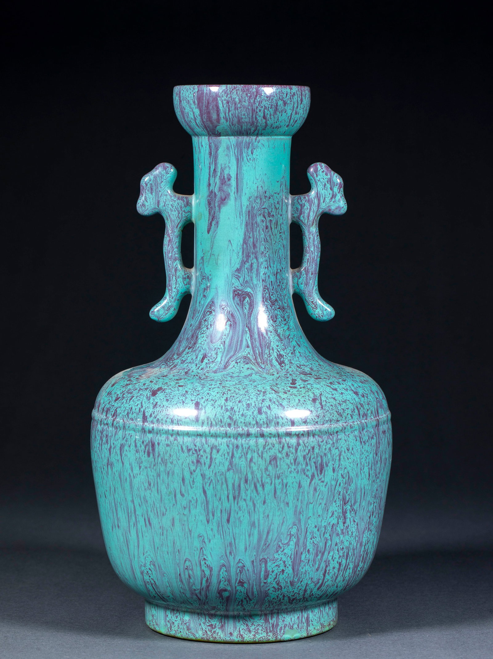 Jun Glaze String Pattern Double-Eared Club Vase: Jun Glaze String Pattern Double-Eared Mallet Vase: Porcelain with gorgeous variegated Jun glaze and natural flowing glaze surface, classic mallet vessel form with side ears. Height 28cm, diameter