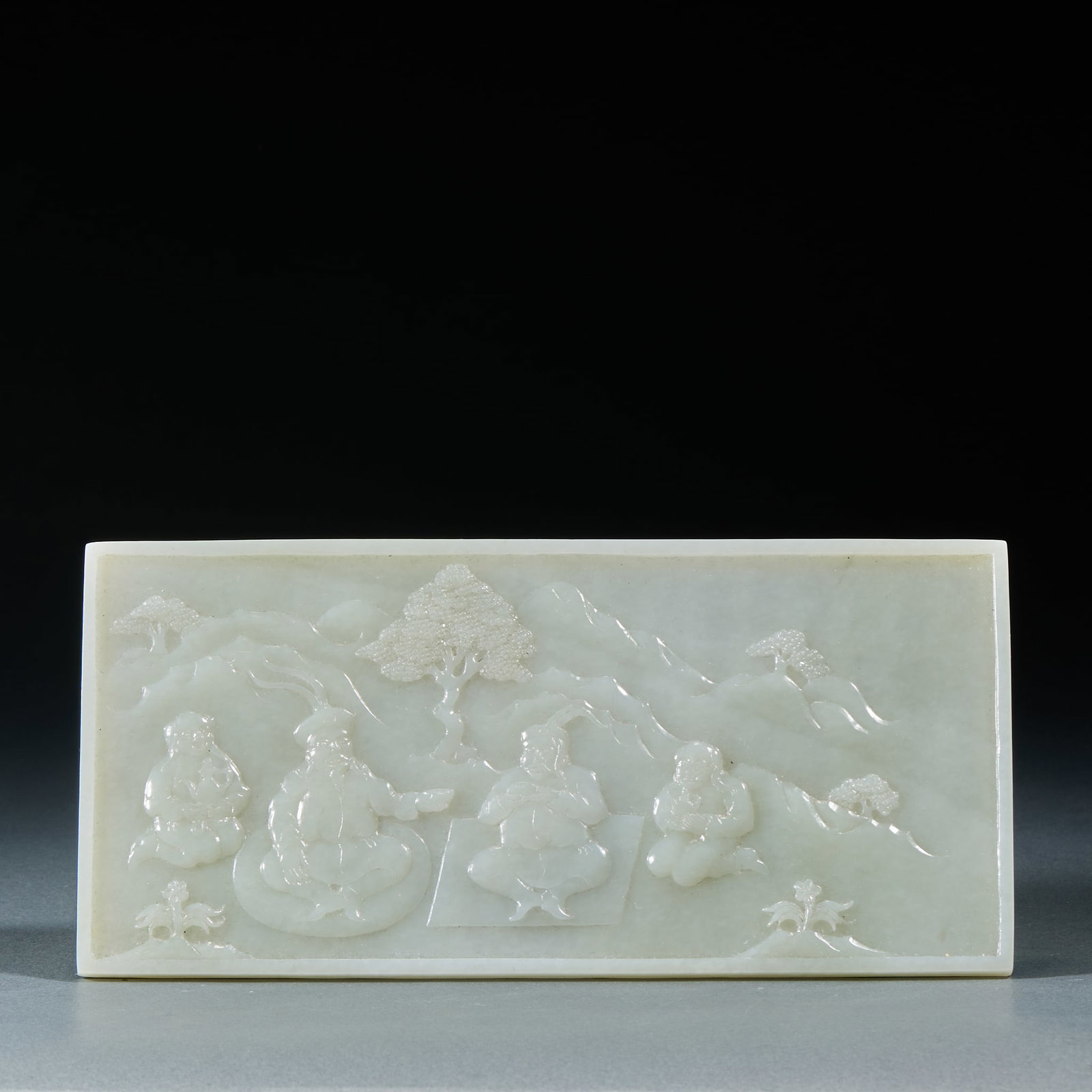 Hetian Jade Khitan Figure Story Jade Plaque: Hetian Jade Khitan Figure Story Jade Plaque: Mild Hetian jade shallow-relief carved with vivid Khitan life scenes and smooth fluent lines. Length 21cm, width 10cm, weight 356g. Liao-Jin style jade
