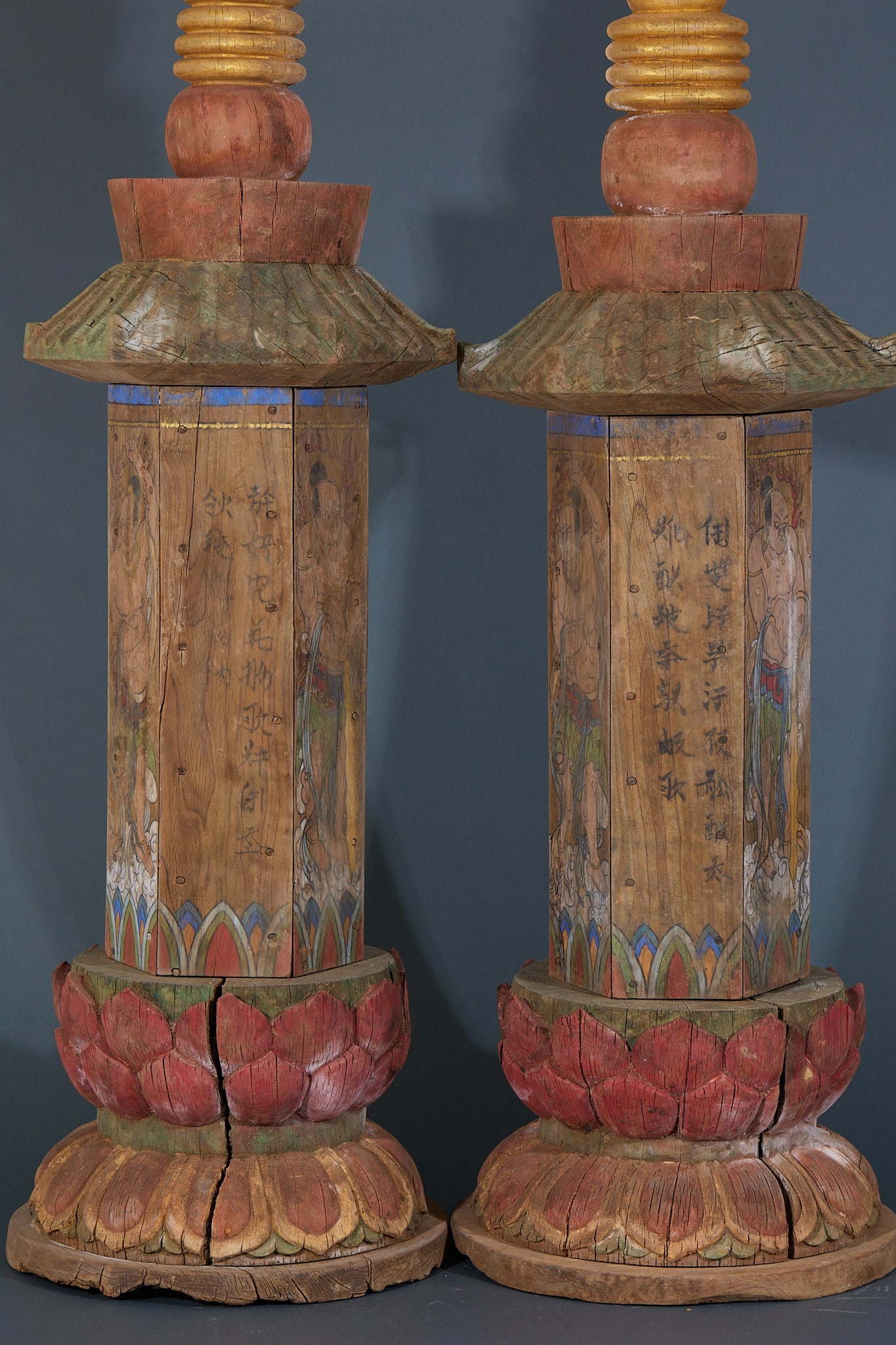 Cypress Wood Scripture Pagodas, A Pair - 7