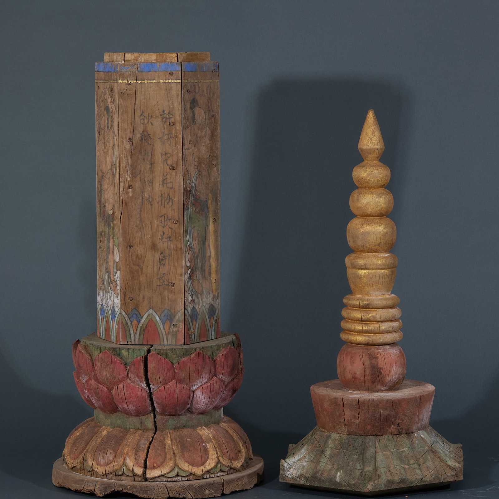 Cypress Wood Scripture Pagodas, A Pair - 9
