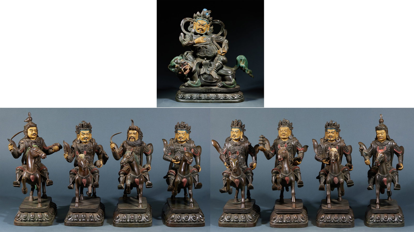 Qianlong Mark Bronze God of Wealth and Dharma Protector Set, 9 Pieces: Qianlong Copper God of Wealth and Dharma Protector Set: Copper cast with central God of Wealth accompanied by eight Dharma protectors, rigorous religious iconography and primitive muted color decorati