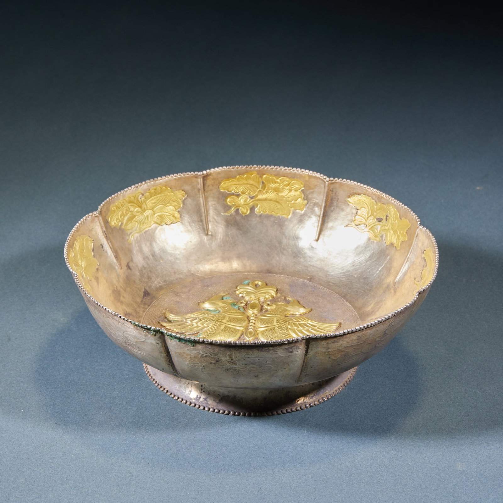Gilt Silver Double Phoenix Bowl: Silver-Gilt Double Phoenix Bowl: Pure silver-gilt crafted with inner chased double phoenix patterns and rim floral ornamentation, exquisite gilding finish and neat regular vessel form. Height 6cm, dia