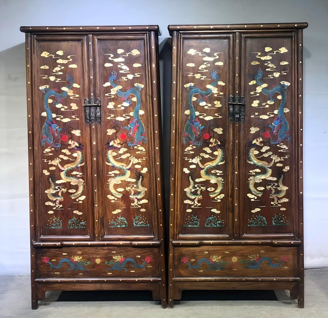 Huanghuali Shell Inlaid Noodle Cabinet, A Pair: Huanghuali Mother-of-Pearl Inlaid Dragon Pattern Noodle Cabinet Pair: Premium Huanghuali with mother-of-pearl inlaid dragon patterns on cabinet surface, distinct natural grain and classic noodle