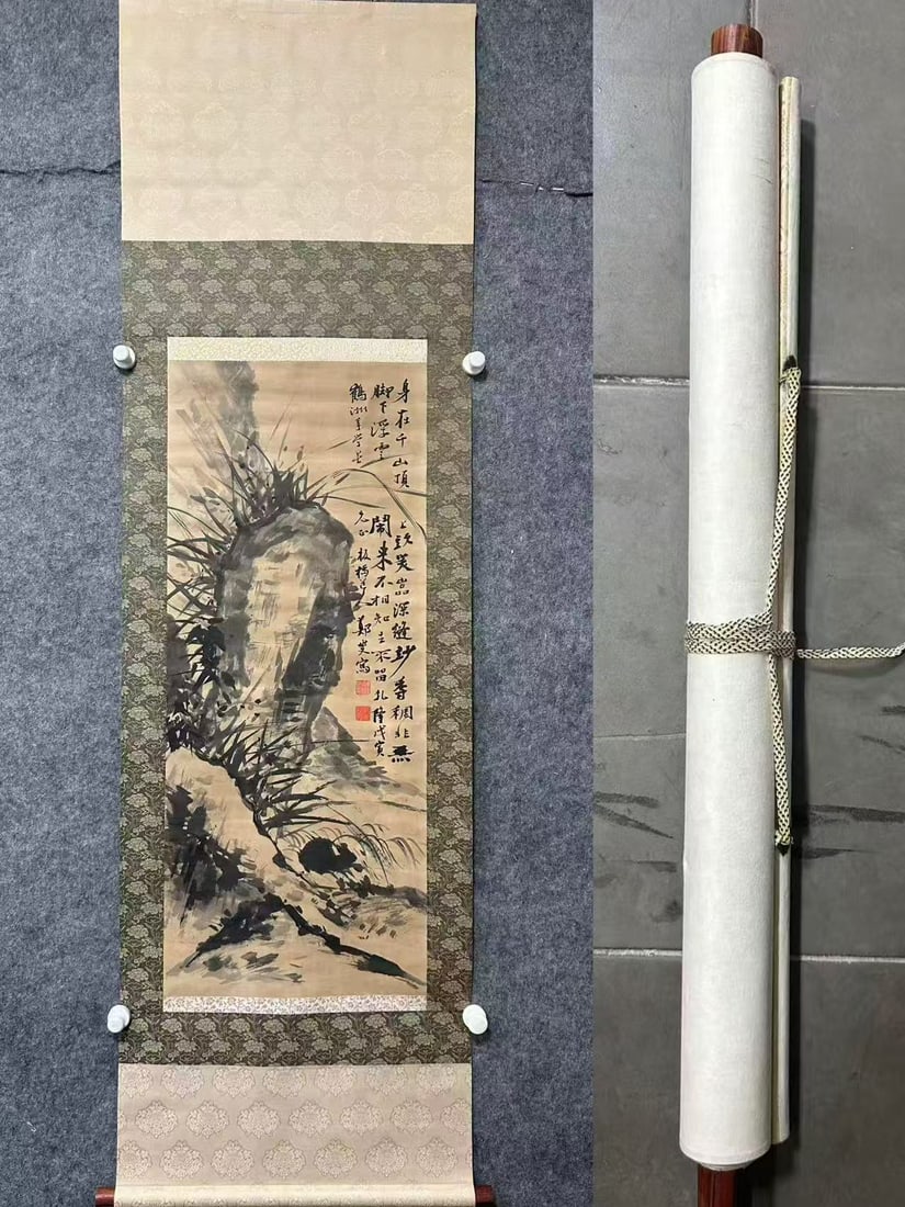 Zheng Banqiao Orchid and Rock Painting: Zheng Banqiao Orchid and Rock Painting: Ink-on-paper painting depicting orchid and rock motifs in concise unrestrained brushwork, inscribed and sealed in Zheng Banqiao’s iconic style, well mounted.