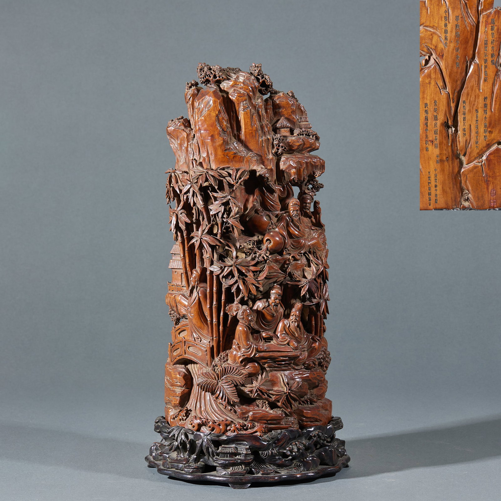 Qing Dynasty Sandalwood Seven Sages of the Bamboo Grove Mountain Ornament: Sandalwood Seven Sages of the Bamboo Grove Mountain Ornament: Carved from single sandalwood timber via deep relief and openwork techniques depicting the Seven Sages gathering scene, vivid individual