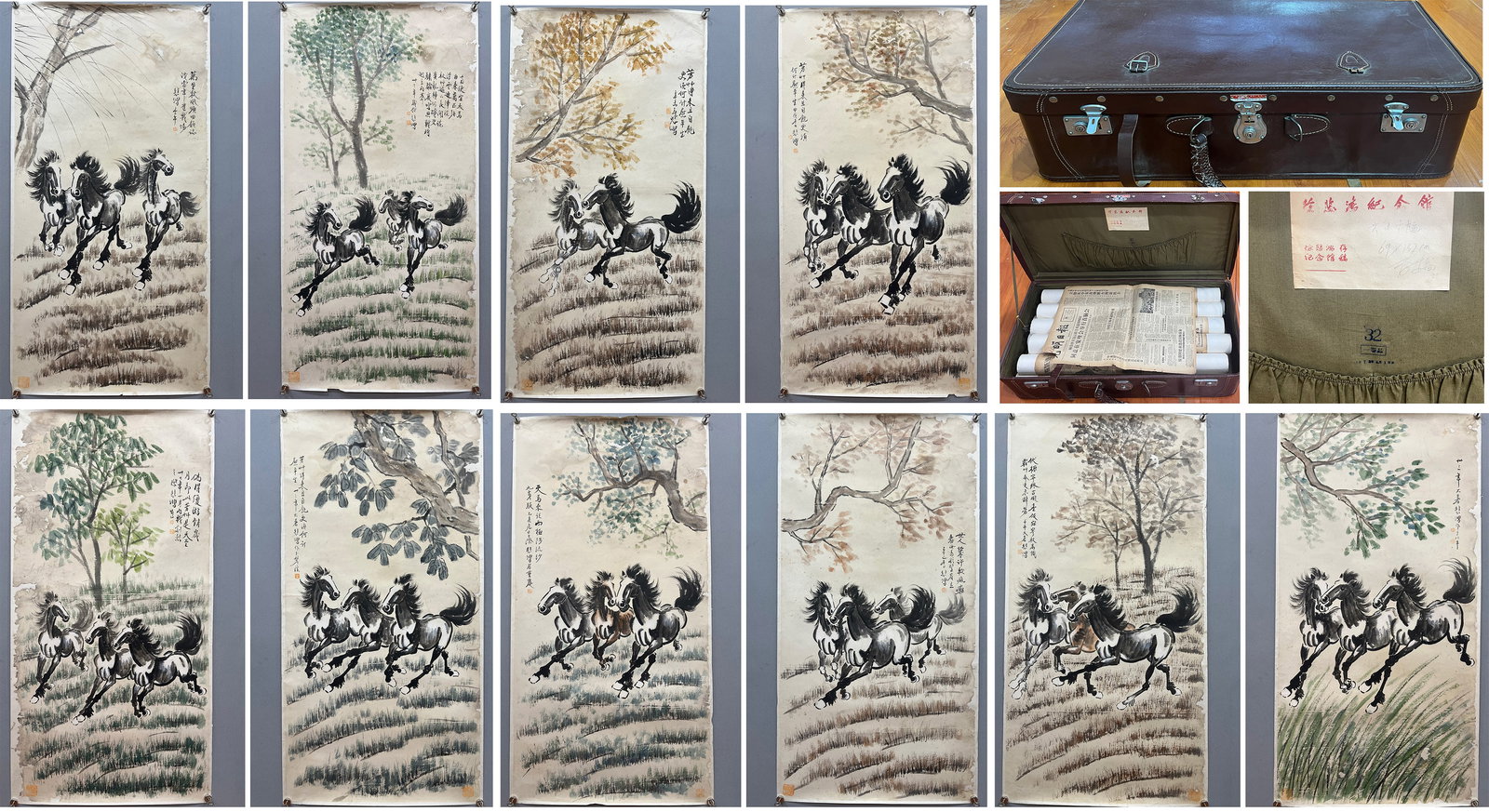 Xu Beihong Fine Painting Collection, 10 Pieces in One Case: Xu Beihong Galloping Horse Painting Set (10 Pieces): Paper-based colored paintings themed on galloping horses with unrestrained brushwork and distinct personal style, preserved with original box.