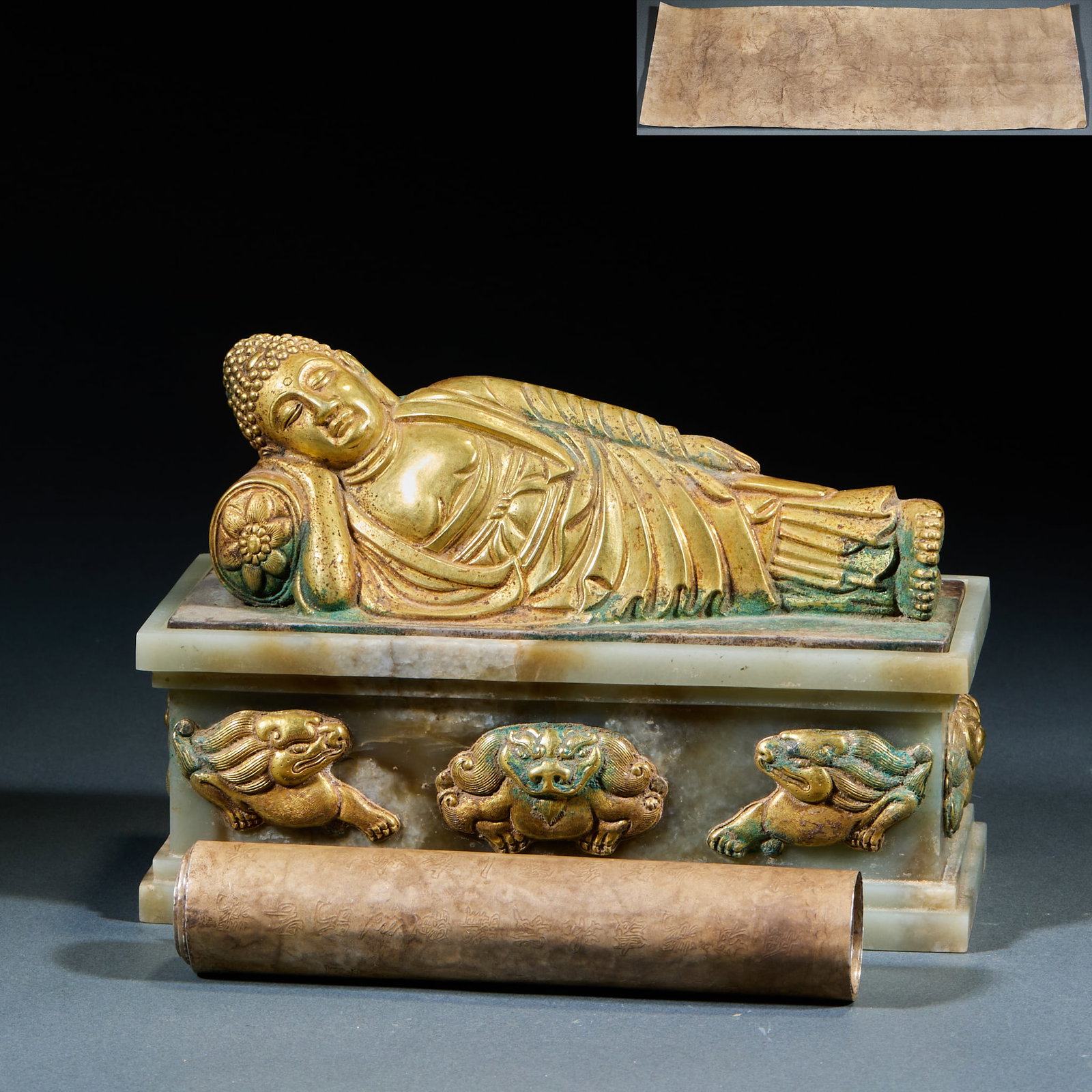 Gilt Silver Jade Wrapped Reclining Buddha, with Internal Scripture: Silver-Gilt Jade Reclining Buddha (With Built-In Scripture): Jade reclining Buddha matched with outer silver-gilt base, serene peaceful Buddha posture, base decorated with auspicious beast patterns,