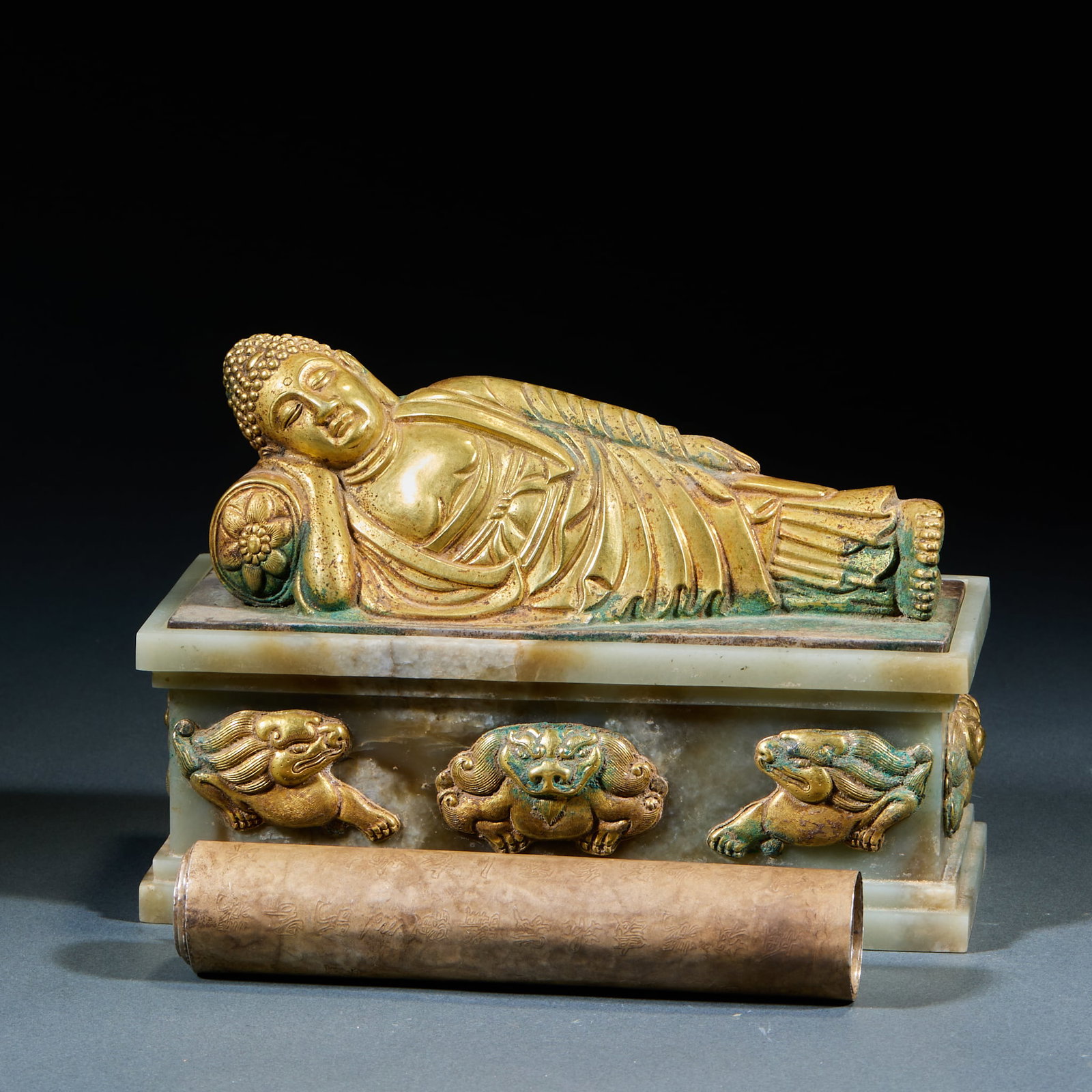 Gilt Silver Jade Wrapped Reclining Buddha, with Internal Scripture - 2