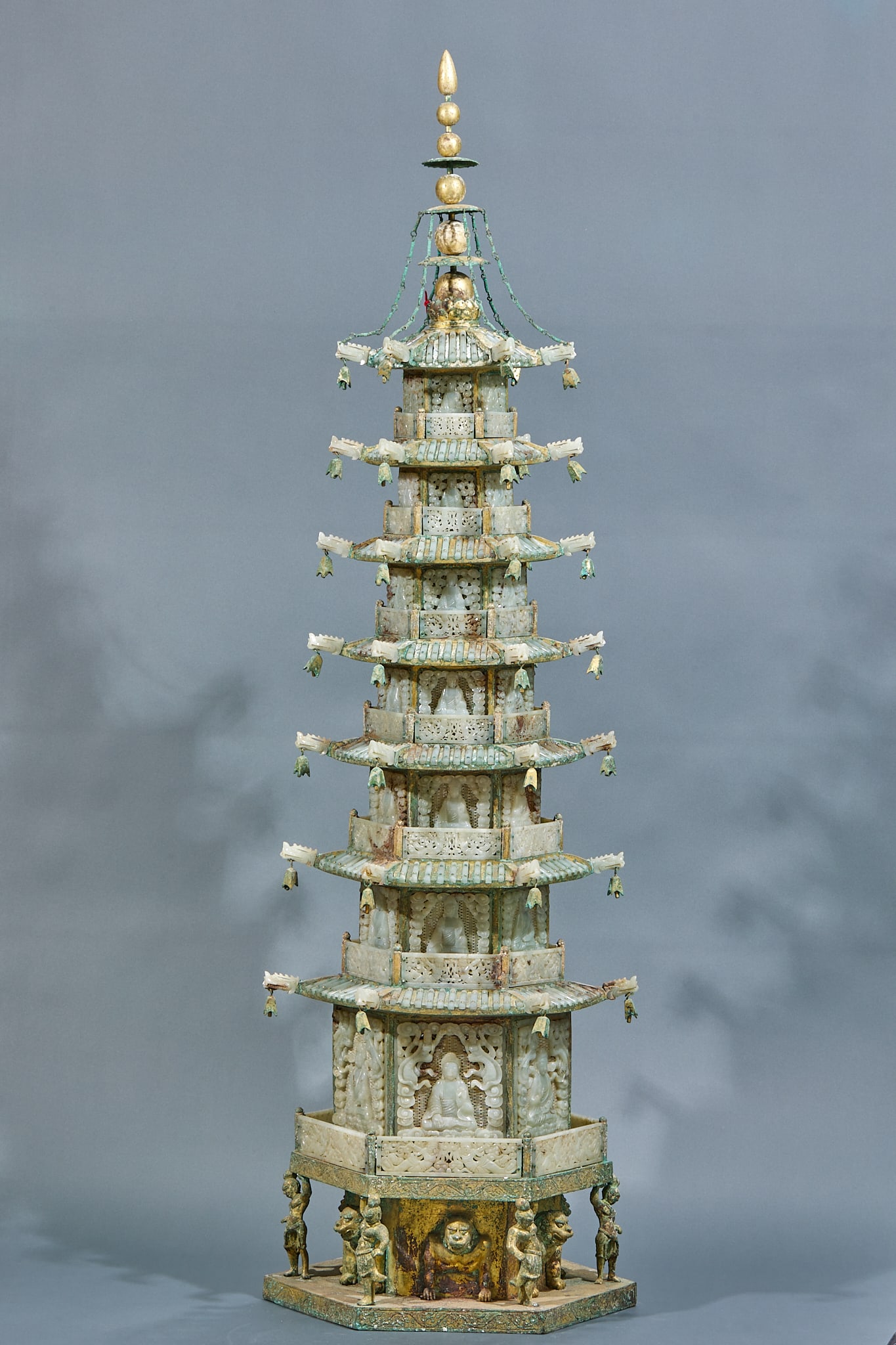 Gilt Bronze Jade Inlaid Buddhist Pagoda Set: Gilt Bronze Jade-Inlaid Buddhist Pagoda: Gilt bronze and jade combined craft, seven-story pavilion-style pagoda structure inlaid with jade ornaments on each layer, hanging bells at eaves corners with