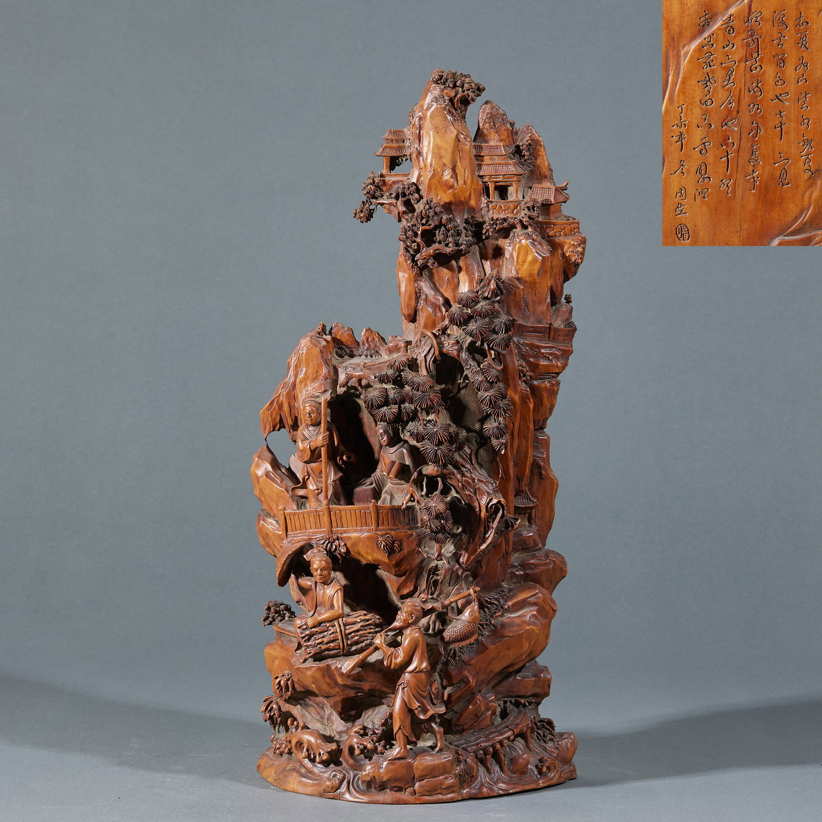 Qing Dynasty Sandalwood Fisherman, Woodcutter, Farmer and Scholar Mountain Ornament: Qing Sandalwood Fisherman Woodcutter Farmer Scholar Mountain Ornament: Fine textured sandalwood with faint elegant natural fragrance, solid timber relief-carved with traditional four rural occupation