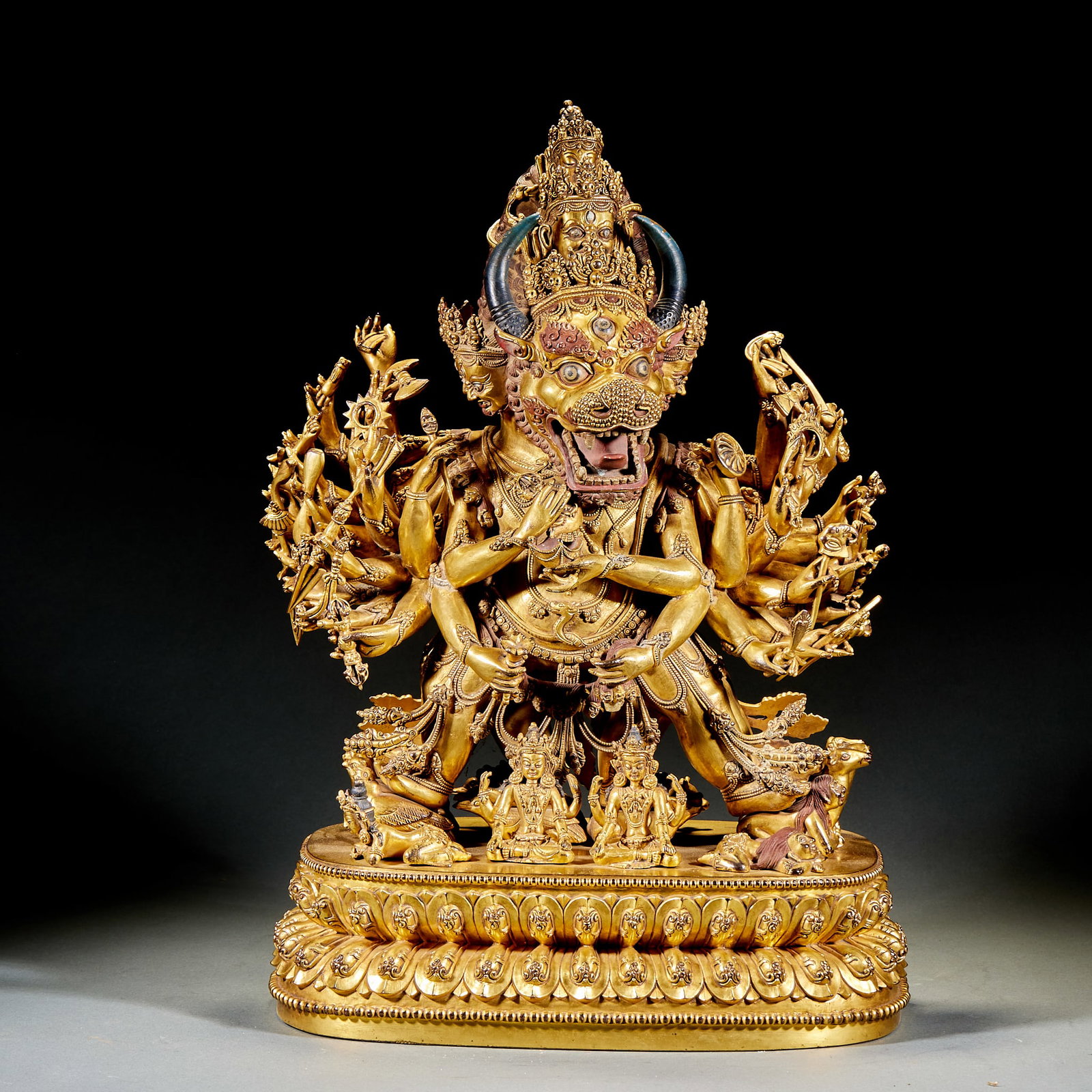 Xuande Mark Gilt Bronze Yamantaka: Ming Xuande Gilt Bronze Yamantaka: Gilt bronze cast with solemn dignified iconography, multi-face multi-arm rigorous ritual form, full thick gilding and intricate consummate craftsmanship. Height