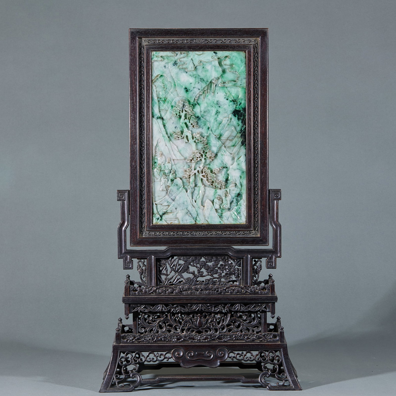 Qing Dynasty Red Sandalwood Jadeite Inlaid Figure Story Screen: Qing Red Sandalwood Jadeite-Inlaid Figure Story Screen: Red sandalwood frame embedded with jadeite carved figure and story patterns, fine detailed carving and distinct layered design, neat regular ove
