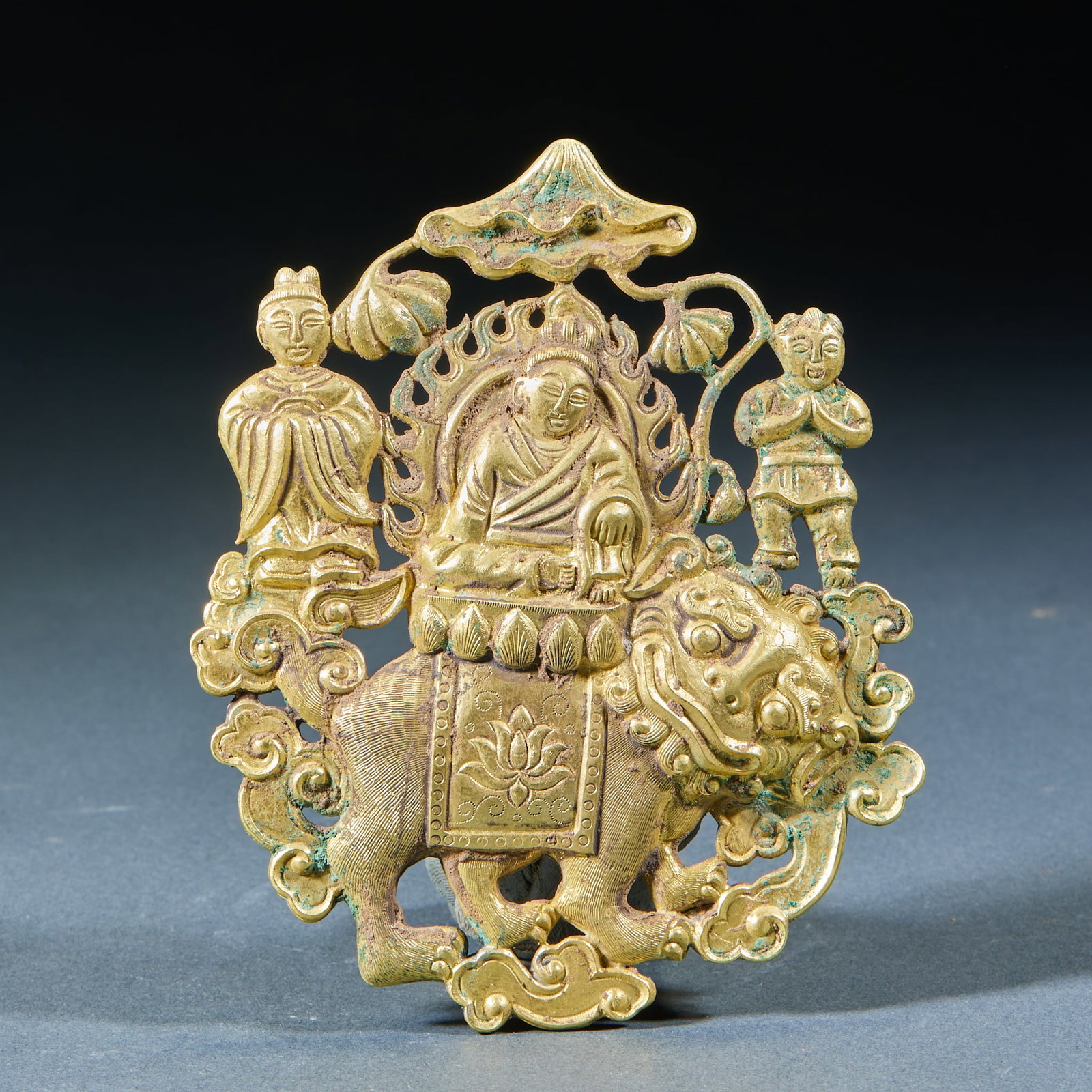 Gilt Silver One Buddha and Two Disciples: Silver-Gilt One Buddha and Two Disciples: Integral silver-gilt cast statue of one Buddha accompanied by two disciples, compact exquisite form, clear decorative patterns and well-preserved gilding.