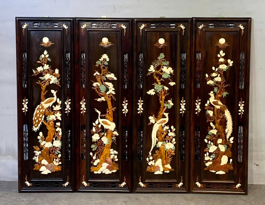 Red Sandalwood Jade Inlaid Four-Panel Hanging Screen: Dalbergia Odorifera Jade-Inlaid Four-Panel Hanging Screen: Dalbergia Odorifera wooden frame embedded with jade carved ornaments, complete four-piece set with neat regular craft and mild elegant wood g