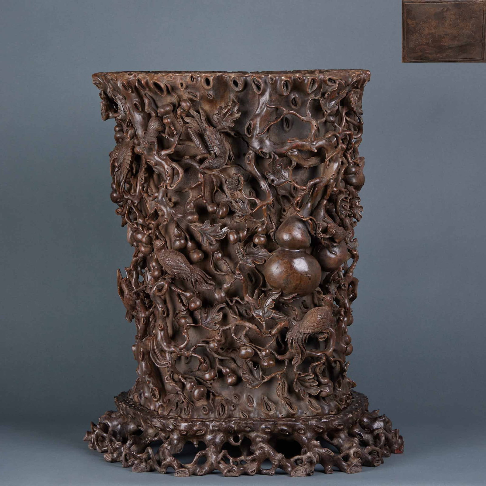 Agarwood Squirrel, Gourd, Flower and Bird Pattern Brush Pot: Agarwood Squirrel Gourd Flower-Bird Brush Pot: Carved from solid agarwood with deep relief squirrel, gourd, flower and bird patterns, distinct layered design and restrained natural fragrance. Height