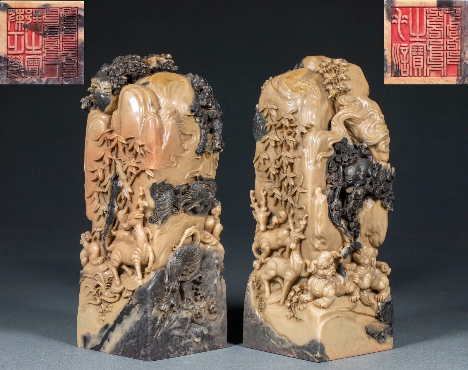 Qianlong Period Shoushan Stone Exquisitely Carved Deer and Crane Spring Seal, A Pair: Qianlong Shoushan Stone Ingenious Deer and Crane Spring Seal Pair: Mild fine Shoushan stone free-form cleverly carved with deer and crane auspicious scene, delicate carving detail, perfectly preserved
