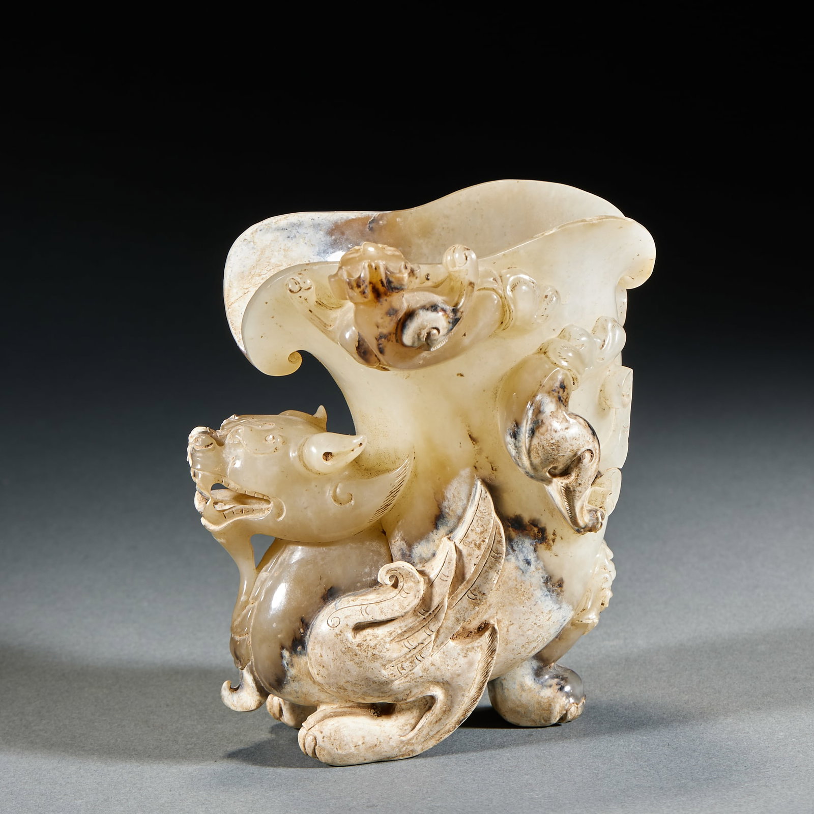 Archaic Jade Beast Mask Chilong Cup: Ancient Jade Beast-Face Chilong Cup: High ancient jade carved with beast-face and chilong dragon patterns, primitive archaic jade texture and exquisite ancient craft. Height 12.5cm, length 11.5cm, wid