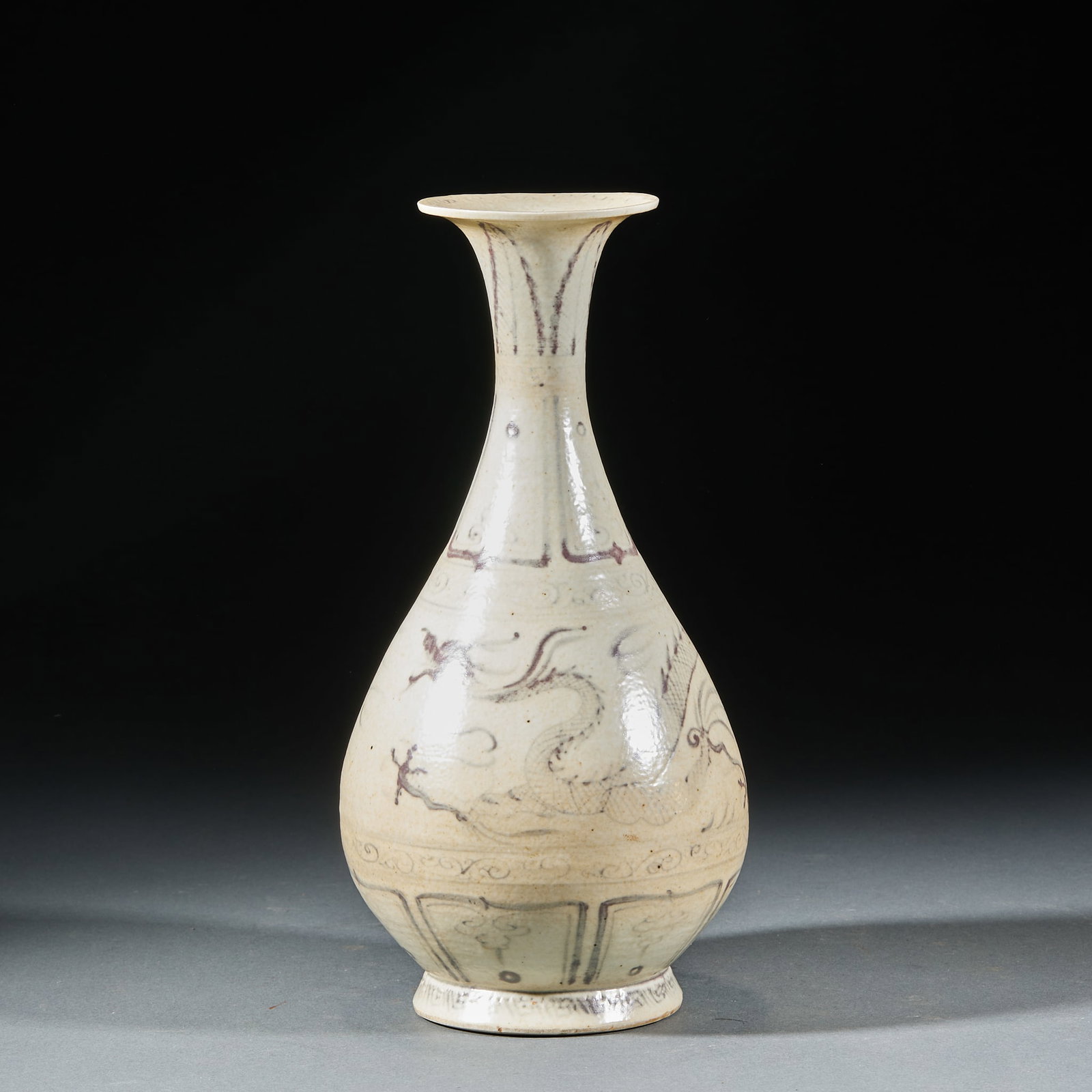 Ming Dynasty Blue and White Underglaze Red Dragon Pattern Yuhuchun Vase: Ming Blue and White Underglaze Red Dragon Pattern Yuhuchun Vase: Porcelain body with white glaze ground painted with underglaze red dragon patterns, classic Yuhuchun vase form. Height 26.5cm, belly di