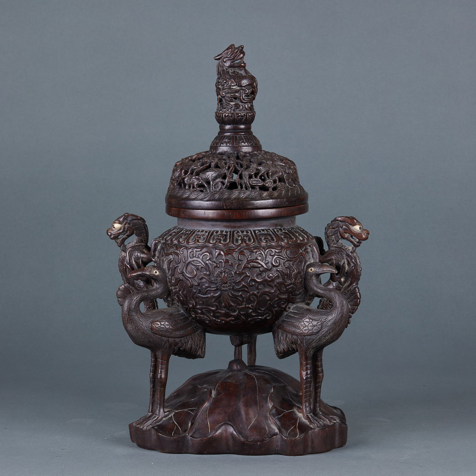 Agarwood Crane Foot Dragon Ear Incense Burner: Agarwood Crane Foot Dragon Ear Incense Burner: Agarwood carved with crane foot and dragon ear design, hollow openwork decorative patterns. Height 39cm, diameter 20cm. Premium agarwood incense ritual v