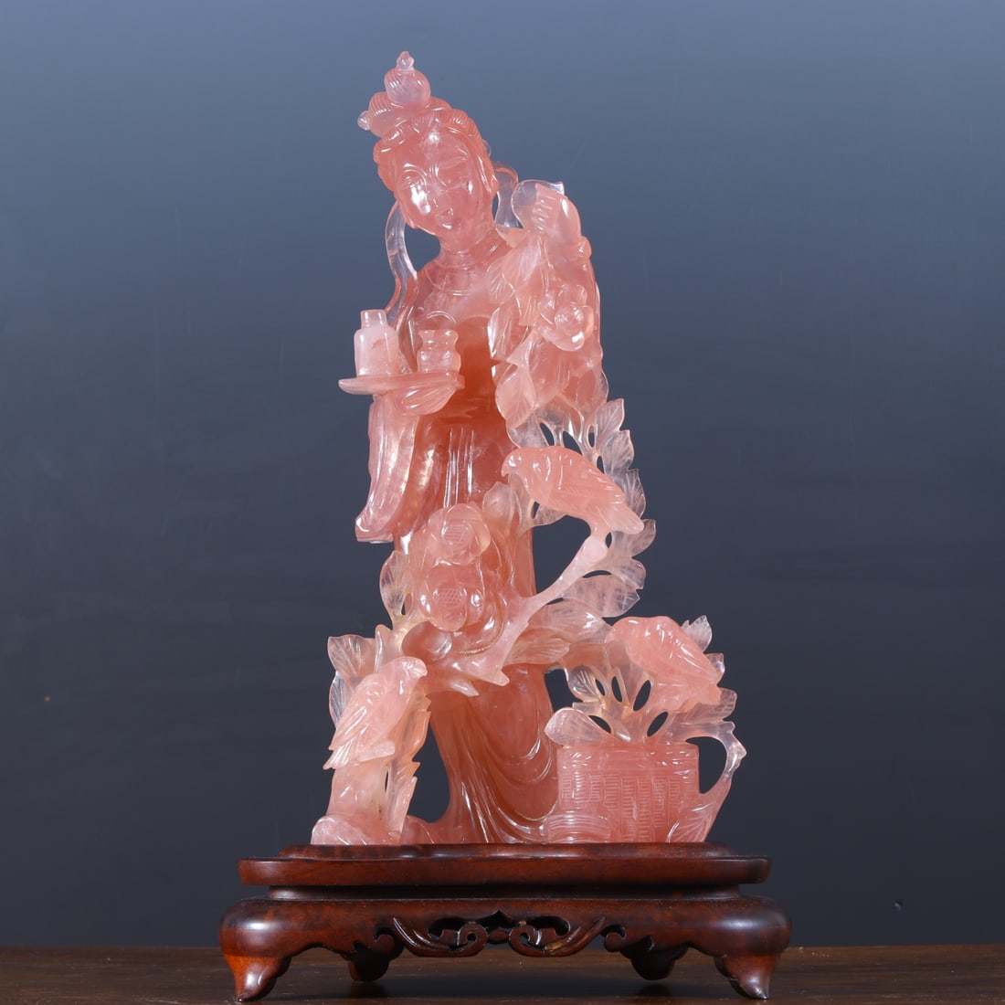 Natural Pink Crystal Carved Beauty Figure Ornament: Natural Pink Crystal Beauty Ornament: Translucent tender pink crystal carved with classical beauty figure, elegant flowing robe lines and gentle serene demeanor. Height 27cm, width 14cm, weight 1412g.