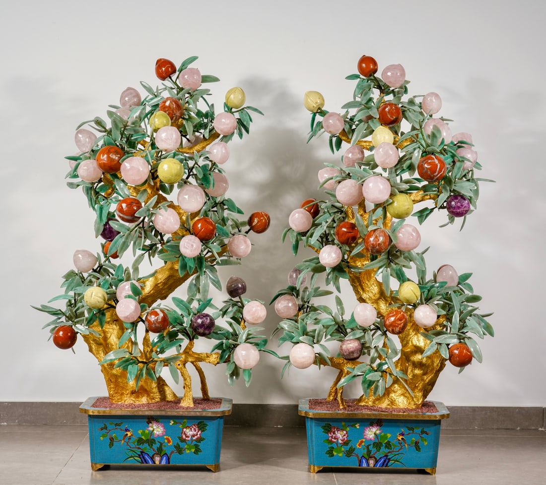 Cloisonné Gem Inlaid Peach Longevity Bonsai, A Pair: Cloisonne Precious Stone Longevity Peach Bonsai Pair: Cloisonne pot base matched with jade and gem-carved longevity peach branches and leaves, gilt trunk decoration, gorgeous rich colors. Overall heig