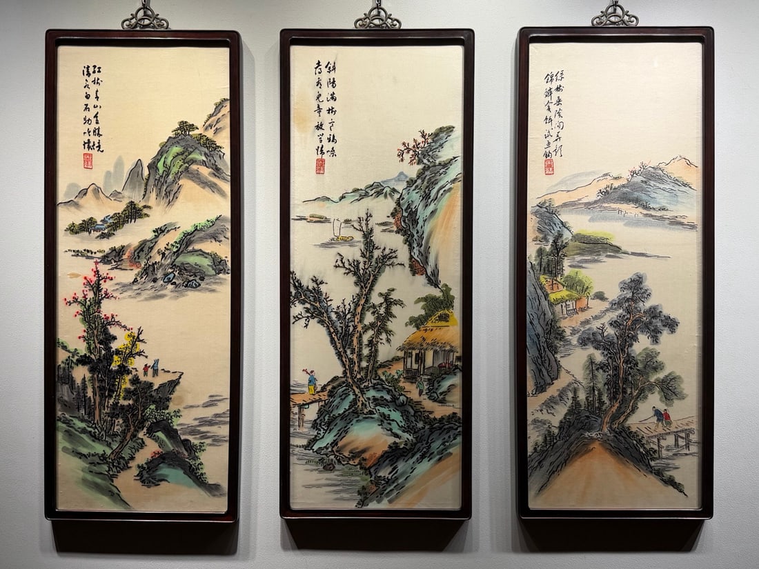 Hunan Embroidery Landscape Four-Panel Set: Hunan Embroidery Landscape Painting: Silk-based Hunan embroidery crafted with traditional stitchwork depicting landscape scenery, elegant muted tones and distant artistic conception. Height 97cm, widt
