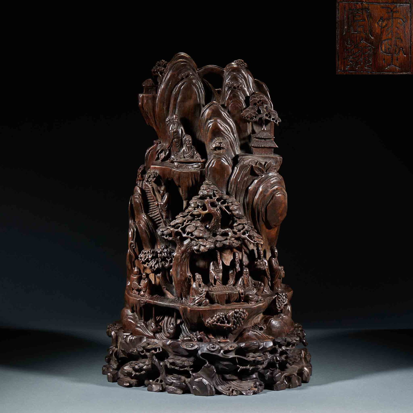 Qing Agarwood Landscape Pavilion and Figure Mountain Ornament: Agarwood Landscape Pavilion Figure Mountain Ornament: Carved from solid agarwood timber free-form with layered landscape, pavilion and figure scenes, natural distinct texture. Height 50cm, length 33cm