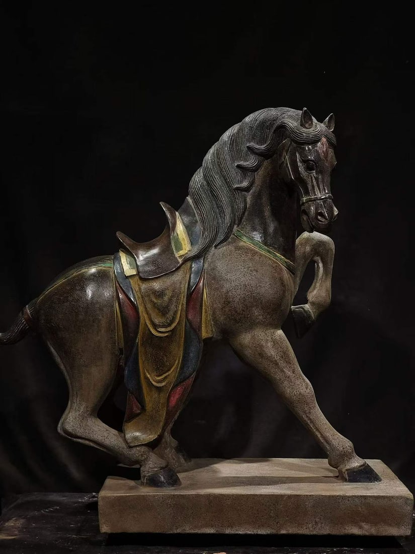 Bluestone Painted Tang Horse: Blue Stone Painted Tang Horse: Blue stone carved Tang-style steed with painted decoration, majestic grand momentum and vigorous powerful posture, well-preserved ancient painted colors. Height 90cm, wi