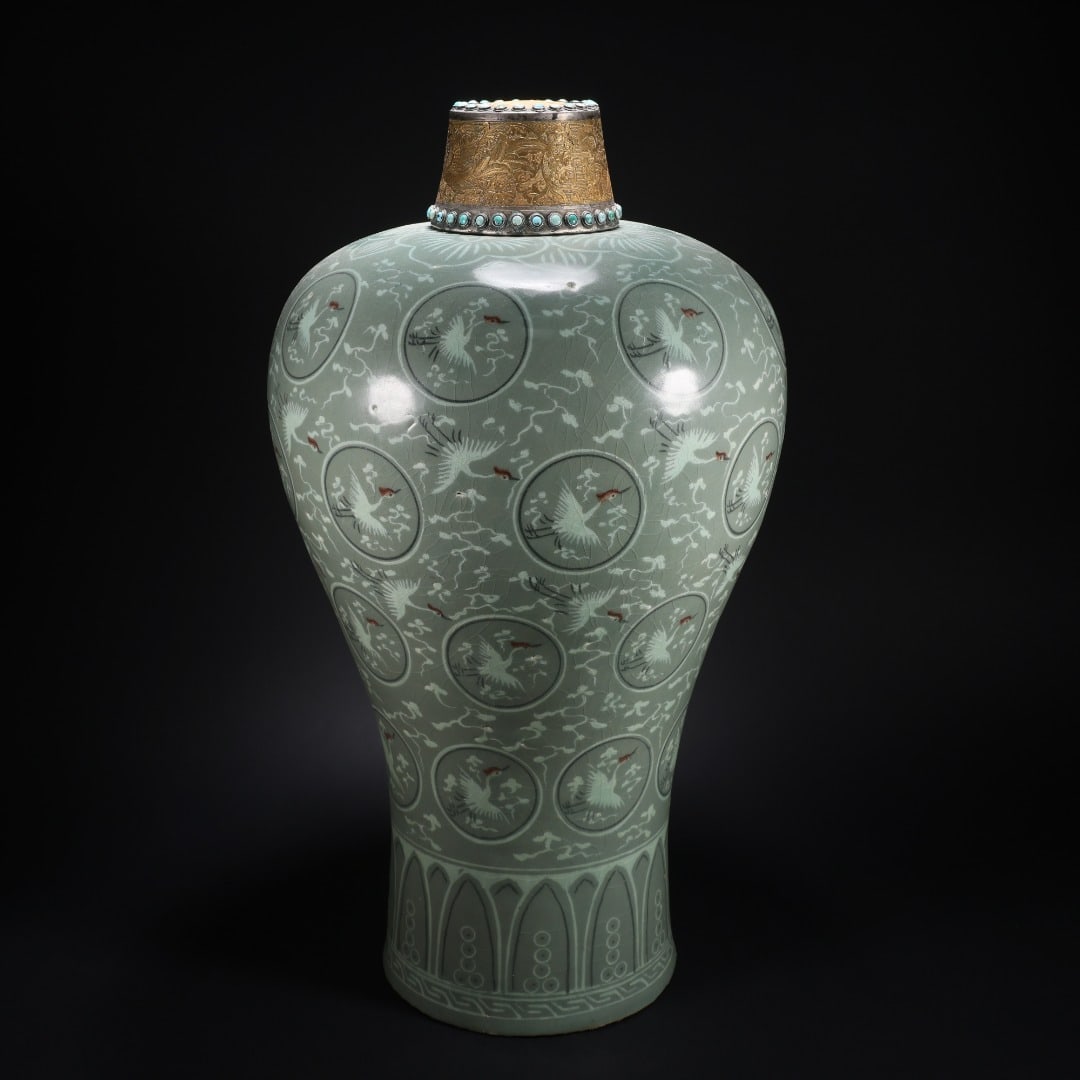 Korean Celadon Gold and Silver Wrapped Turquoise Inlaid One Dragon Two Phoenix Covered Plum Vase: Korean Goryeo Celadon Gold-Silver Turquoise-Inlaid One Dragon Two Phoenix Covered Plum Vase: Crafted of Goryeo celadon with carved crane and cloud patterns on the body, gold-wrapped rim inlaid with tu