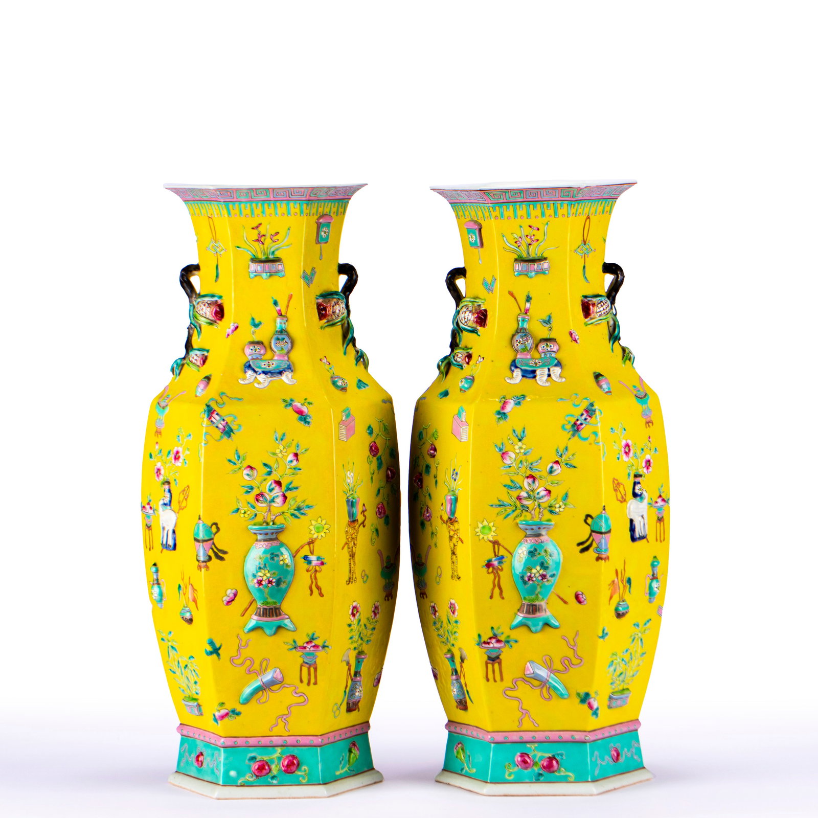 Qing Famille Rose Fortune Longevity Hexagonal Decorative Vase, A Pair: Qing Famille Rose Fortune Longevity Six-Sided Appreciation Vase Pair: Porcelain with yellow ground famille rose antique patterns, six-sided double-ear design, preserved as a pair. Height 59cm, length 