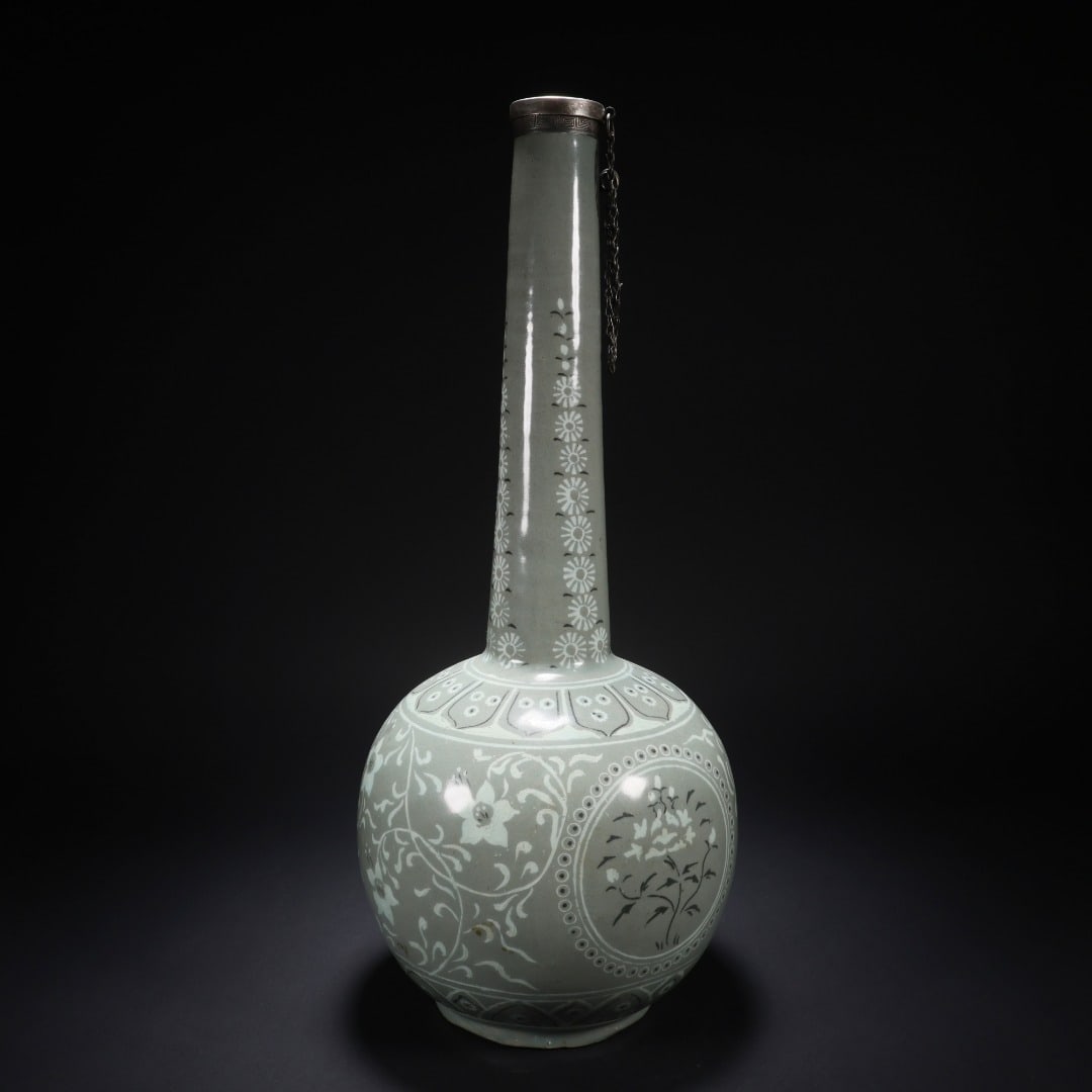 Korean Porcelain Gold and Silver Wrapped Long Neck Bottle with Chain Cover (1 of 9)