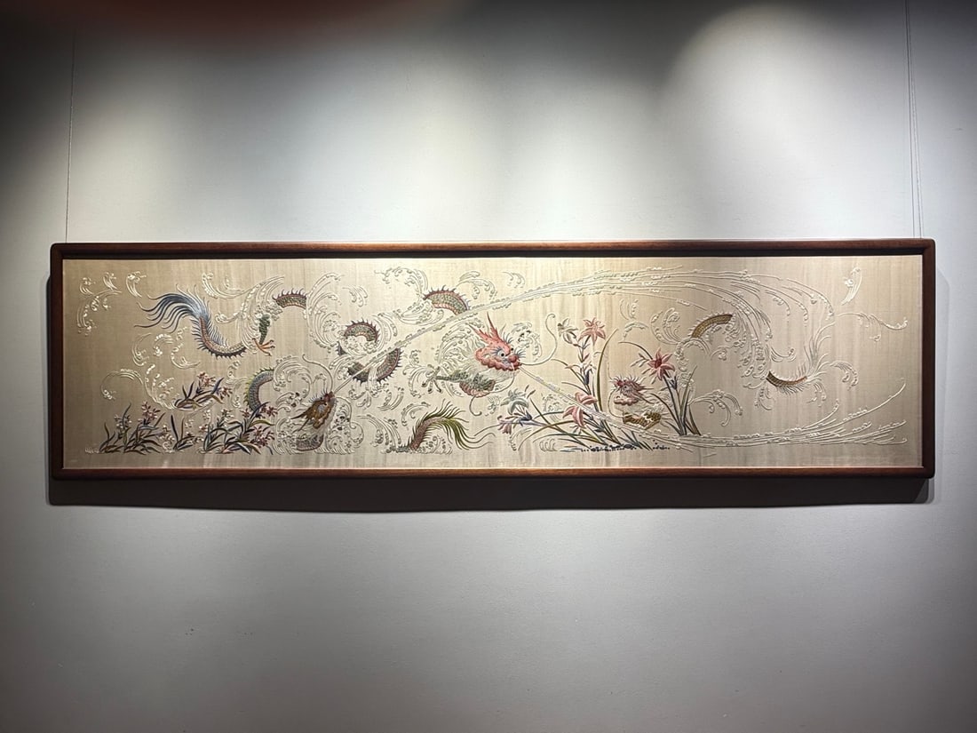 Cantonese Embroidery Horizontal Banner Auspicious Dragon Spouting Water: Cantonese Embroidery Horizontal Scroll "Auspicious Dragon Spouting Water": Crafted with Cantonese embroidery flat stitch and seed stitch on off-white satin, embroidered with auspicious dragon, wave an