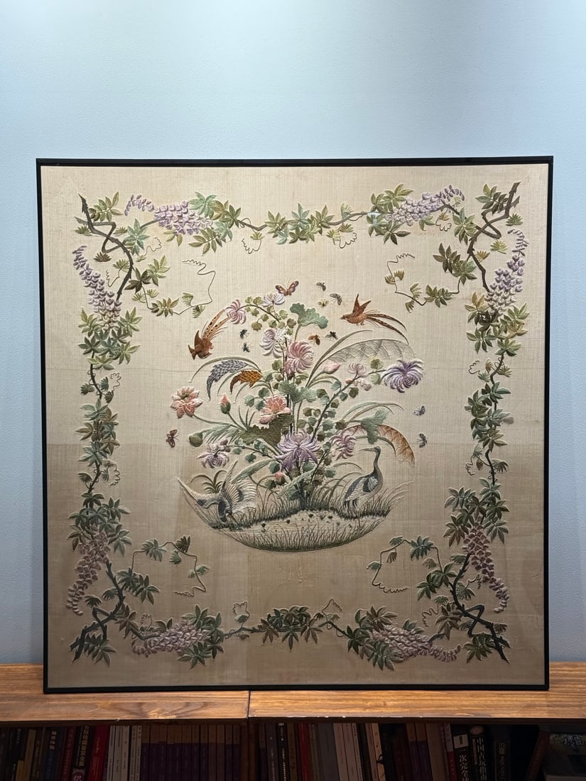 Embroidery Birds Singing and Flowers Fragrant: Embroidery "Birds Singing and Flowers Fragrant": Made with traditional embroidery craft on off-white satin, embroidered with flower, bird and wisteria patterns with delicate stitchwork and elegant col