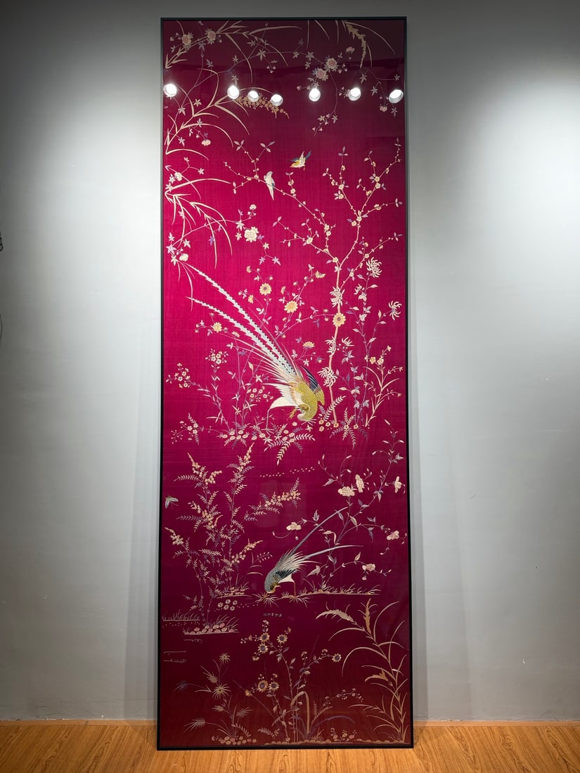 Large Fine Cantonese Embroidery Splendid Future: Large Premium Cantonese Embroidery "Splendid Future": Crafted with professional Cantonese embroidery skill on purplish-red satin, embroidered with flower, bird and interlocking flower patterns with co