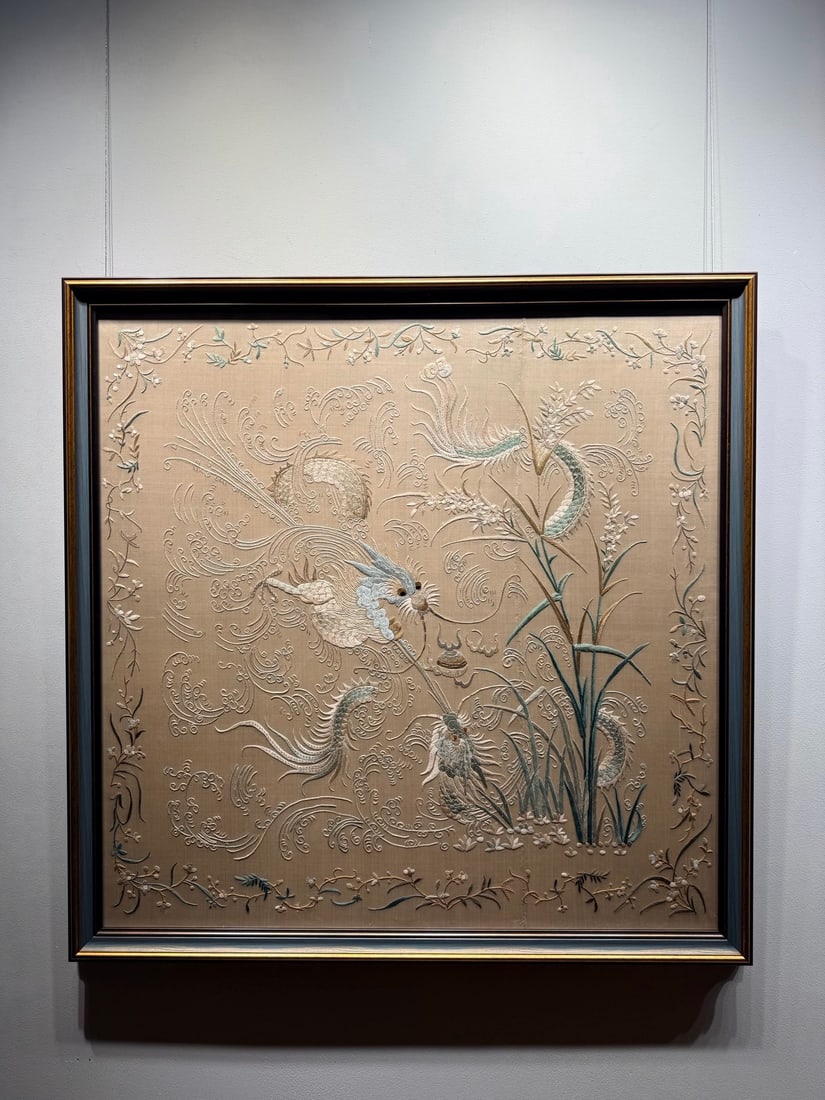 Qing Dynasty Cantonese Embroidery Double Dragons Playing with Pearl: Qing Dynasty Cantonese Embroidery "Double Dragons Playing with Pearl": Embroidered with double dragons playing with pearl, wave and flower patterns via Cantonese embroidery craft on off-white satin, f