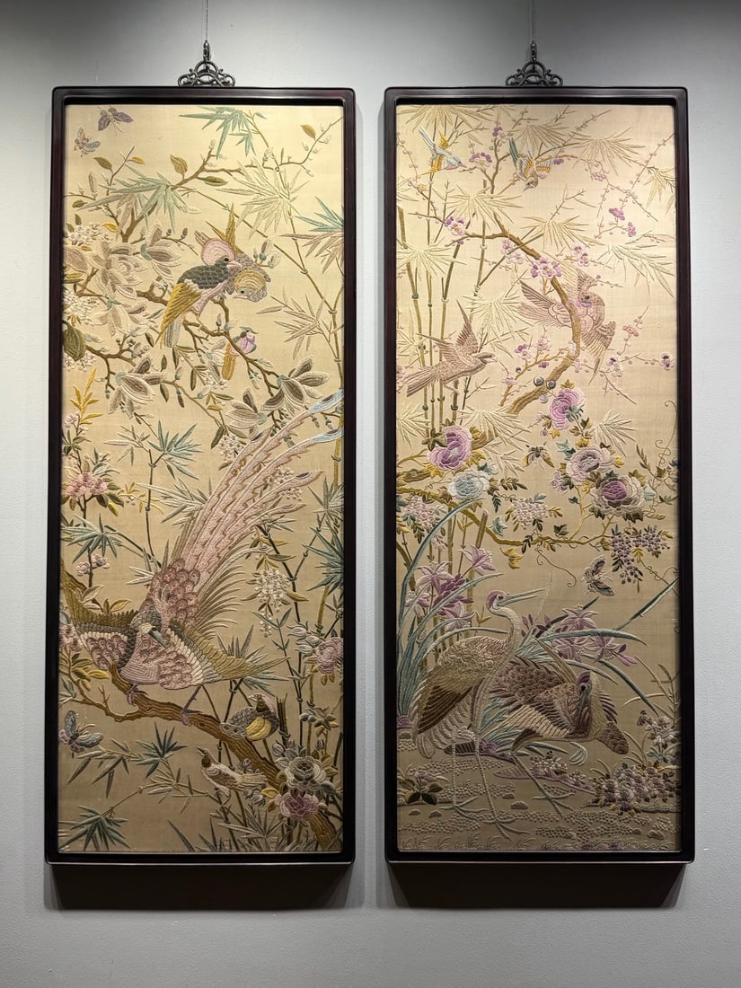 Late Qing and Republic of China Fine Flower and Bird Cantonese Embroidery: Late Qing and Republic Period Premium Flower and Bird Cantonese Embroidery: Embroidered with flower, bird, bamboo, peacock and crane patterns via Cantonese embroidery craft on beige satin, featuring d