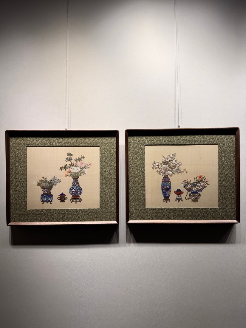 Late Qing and Republic of China Silk Antique Painting, A Pair: Late Qing and Republic Period Silk Antique Painting Pair: Color painting on silk with elegant antique offering patterns, delicate lines and soft colors, mounted as a pair in wood frames; Single piece 
