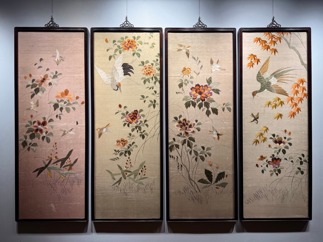 Late Qing and Republic of China Embroidery Flower and Bird Four-Panel Screen: Late Qing and Republic Period Flower and Bird Embroidery Four-Screen Set: Made with traditional embroidery craft on off-white satin, embroidered with flower, bird, crane and peony patterns with delica