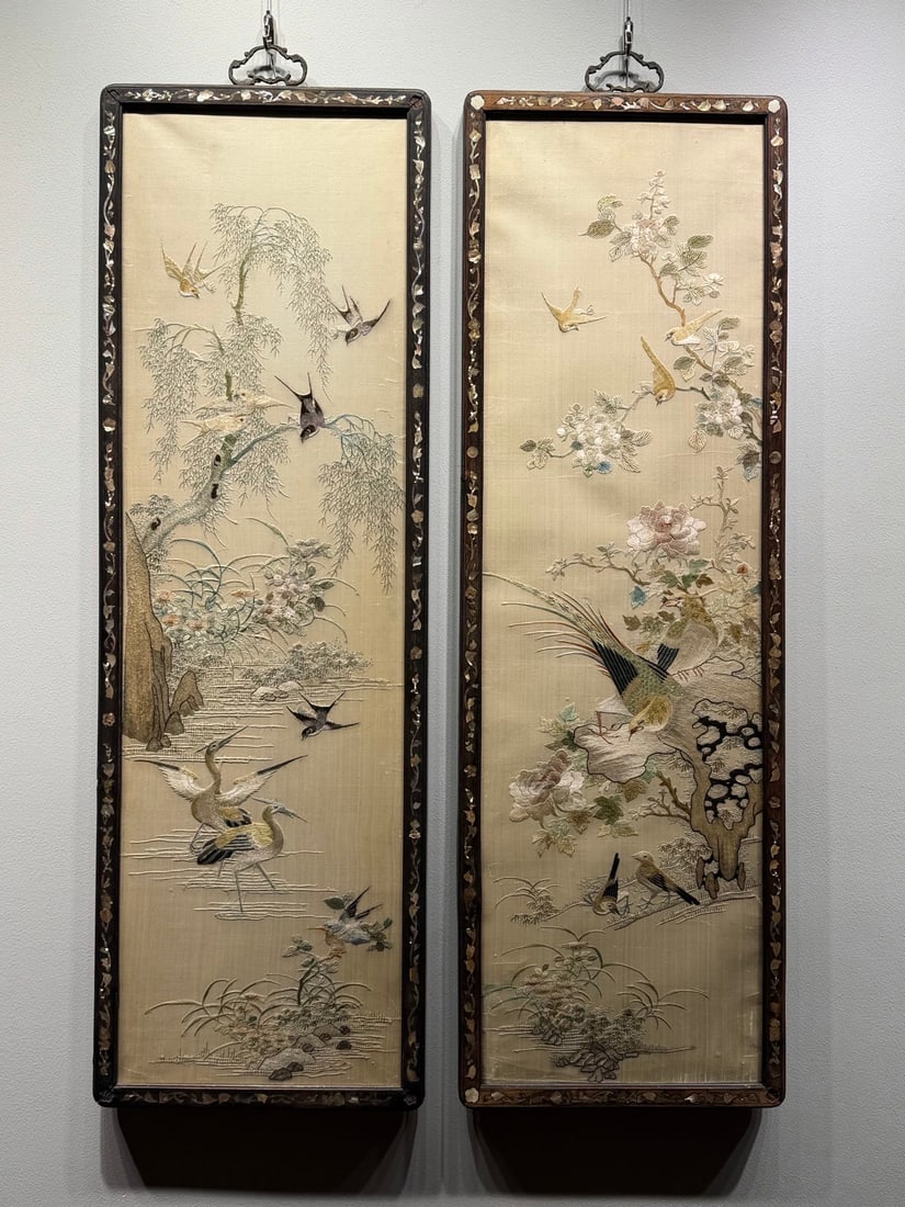 Qing Dynasty Redwood Mother-of-Pearl Inlaid Fine Cantonese Embroidery Flower and Bird, A Pair: Qing Dynasty Red Wood Shell Inlaid Premium Flower and Bird Cantonese Embroidery Pair: Embroidered with flower, bird, willow and swallow patterns via Cantonese embroidery flat stitch and shading stitch