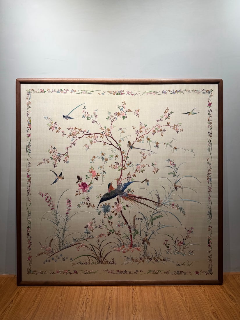 Fine Cantonese Embroidery Prosperous Blooms: Premium Cantonese Embroidery "Prosperous Blossoms": Made with Cantonese embroidery flat stitch and shading stitch on off-white satin, embroidered with flower, bird and interlocking flower patterns wit