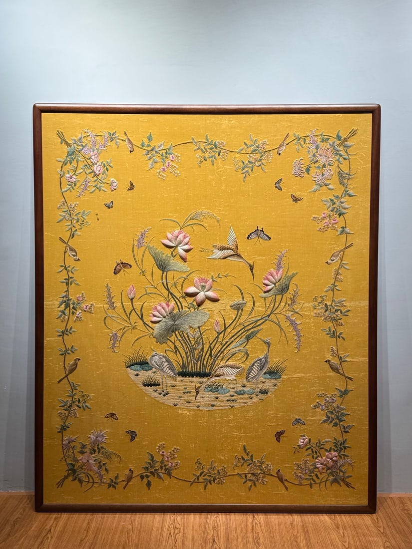 Qing Dynasty Royal Yellow Embroidery Egret Successive Imperial Examination: Qing Dynasty Royal Yellow Embroidery "Egret Successive Imperial Examination": Embroidered with egret and lotus patterns via traditional flat stitch and shading stitch on royal bright yellow satin, fea