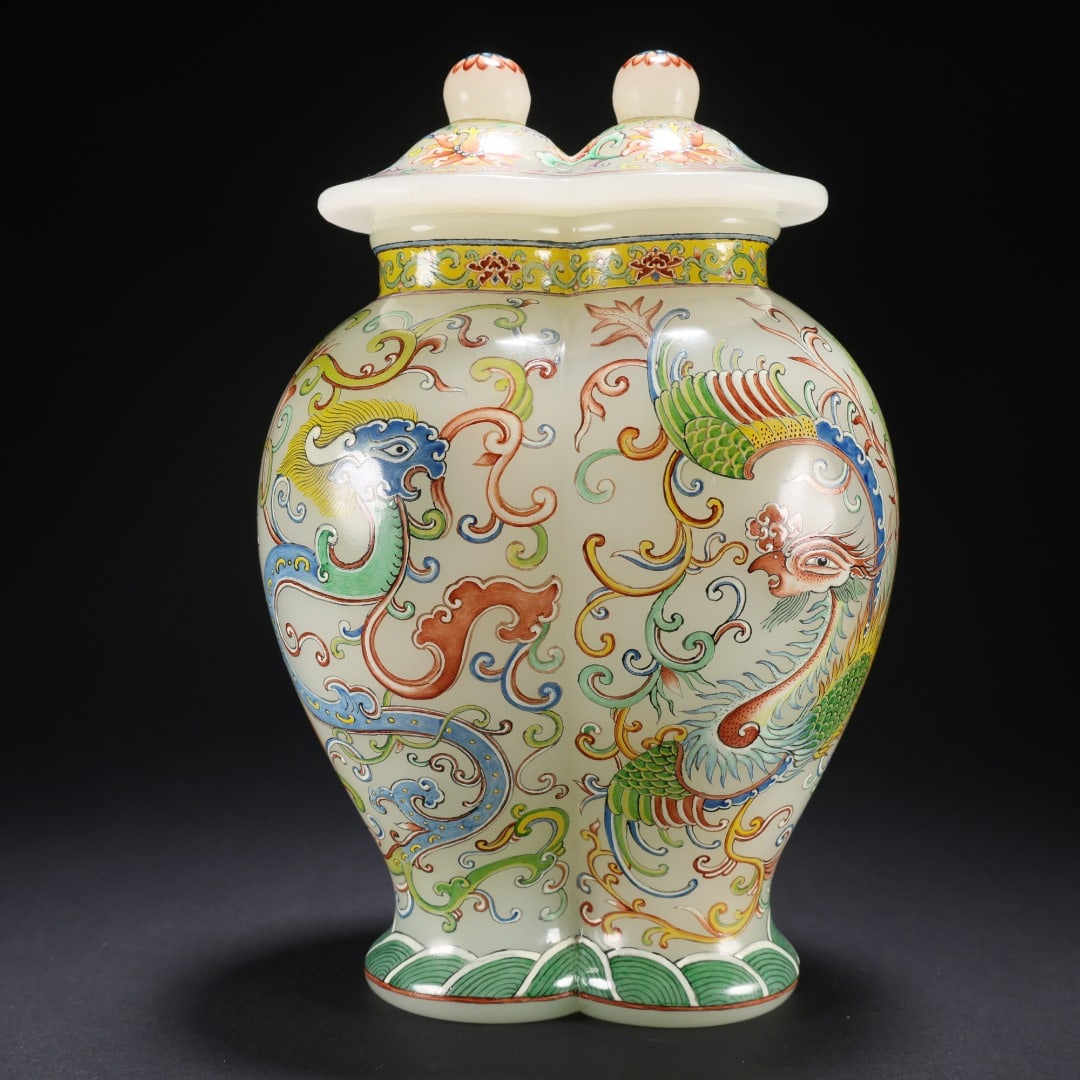 Qianlong Mark Painted Enamel Dragon and Phoenix Pattern Double Linked Cover Jar: Qianlong Glass Enamel Dragon and Phoenix Pattern Double-Linked Cover Jar: Glass base painted with enamel colored dragon and phoenix patterns in gorgeous colors, designed in double-linked shape;