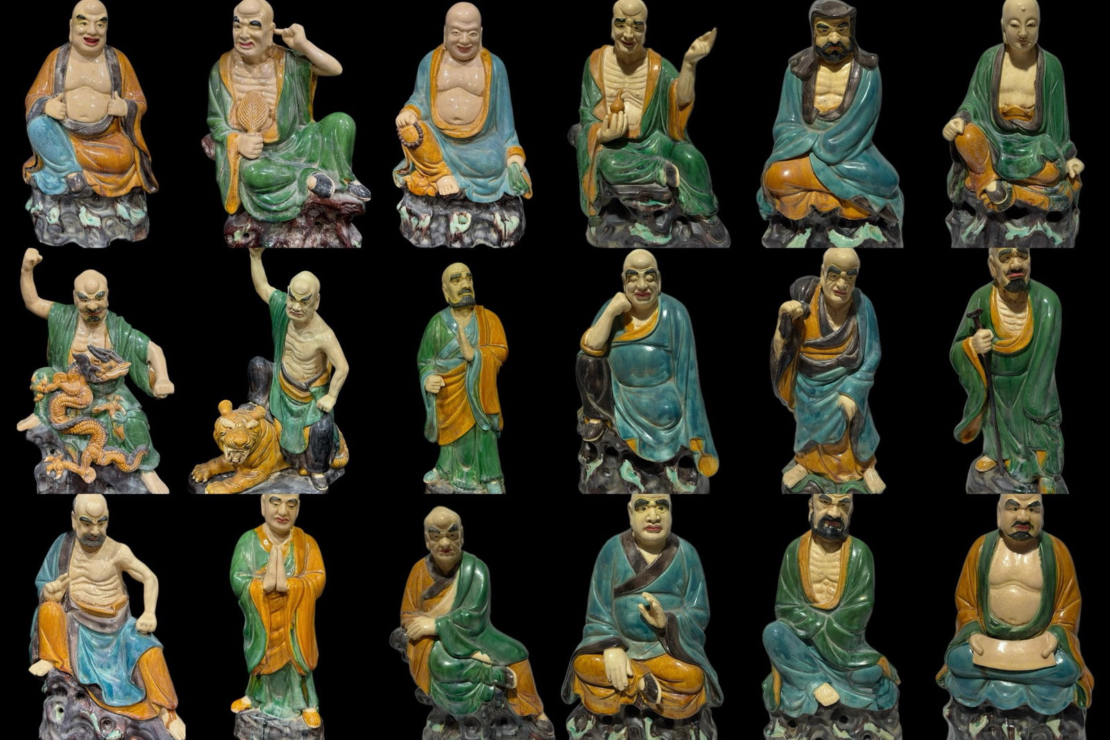 Tang Sancai Eighteen Arhats Seated Statue Set, 18 Pieces: Tang Sancai Eighteen Arhats Statue Set: Fired with Tang Sancai craft on clay base coated with tri-color glaze of yellow, green and white blended tones, featuring vivid facial expressions, fluent robe 