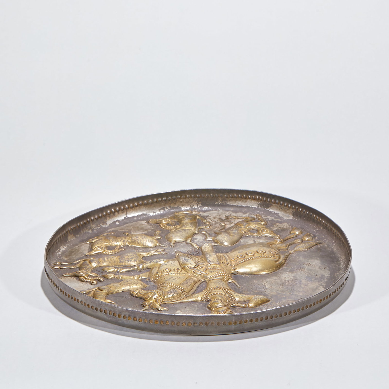 Gilt Silver Chiseled Hunting Scene Plate - 8