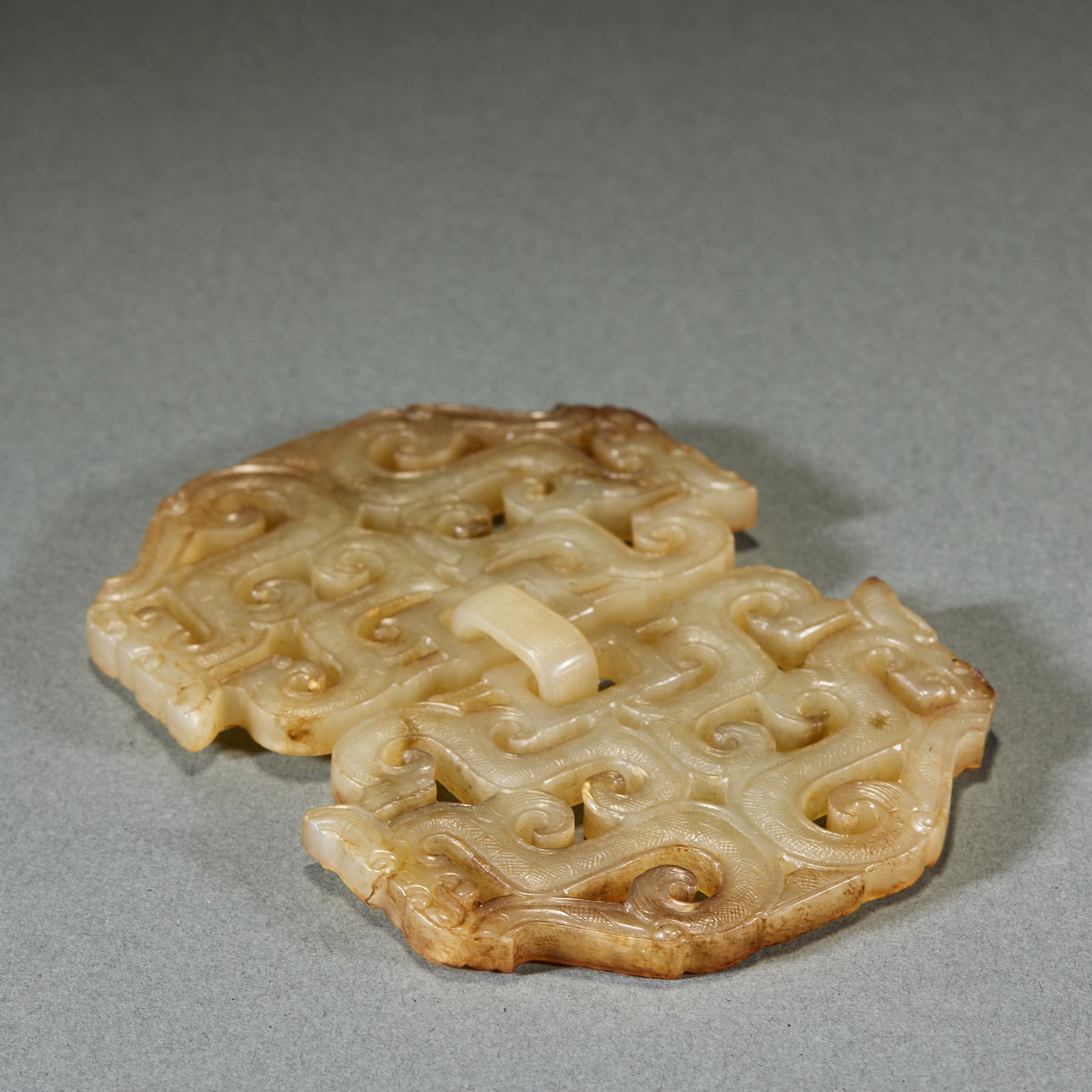 Pre-Ming Chilong Pattern Ancient Jade Bi Disc: Pre-Ming High Ancient Jade Pendant with Chilong Patterns: Made of Hetian jade with natural mottling, openwork carved with double chilong patterns adopting exquisite craft; Length 10.5cm, width 7.5cm; 