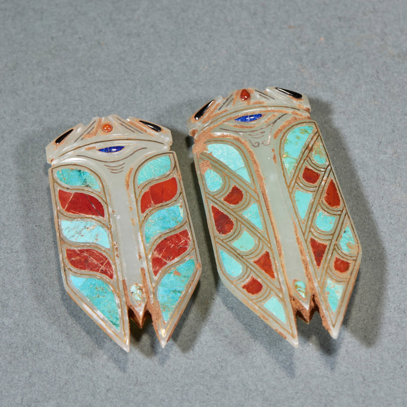 Turquoise Inlaid Jade Cicada, A Pair: Pair of Turquoise-Inlaid Jade Cicada: Made of Hetian jade inlaid with turquoise decorated cicada patterns and realistic modeling; Length 6.8cm, width 2.9cm, weight 52g; Symbolizing instant success