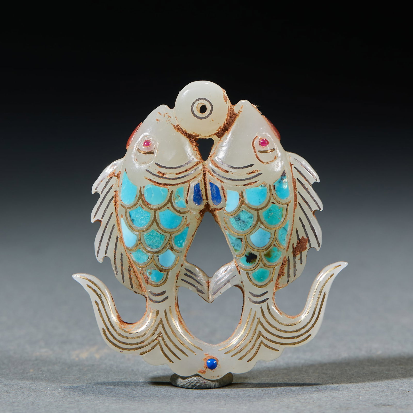 Turquoise Inlaid Double Fish Jade Pendant: Turquoise-Inlaid Double Fish Jade Pendant: Made of Hetian jade inlaid with turquoise decorated symmetrical double fish patterns; Length 5cm, width 4.5cm, weight 31g; Symbolizing surplus year after yea