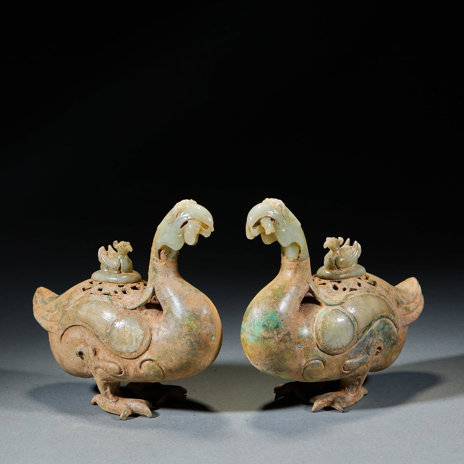 Ancient Jade Duck-Shaped Incense Burner, A Pair (1 of 7)