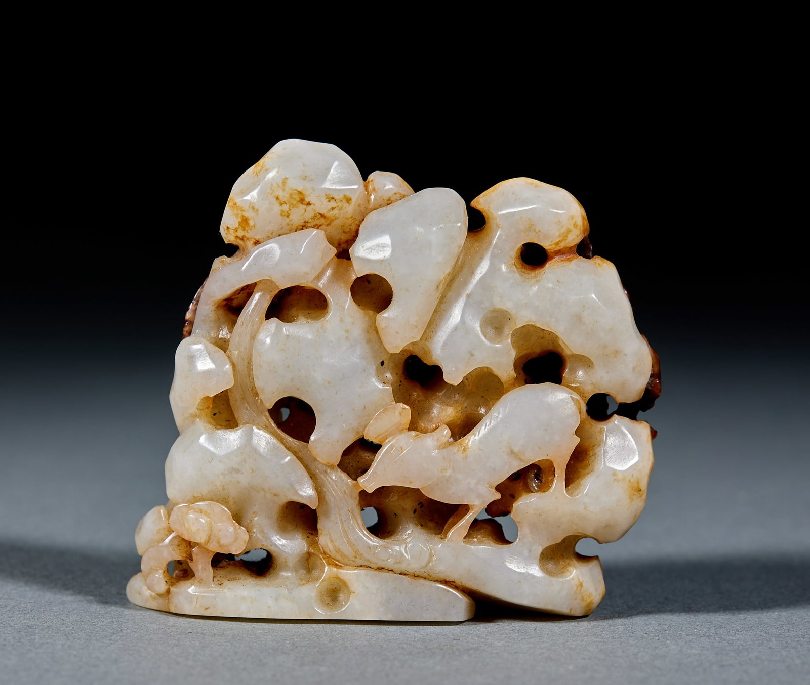 Hetian Jade Pine and Crane Ornament: Hetian Jade Pine and Crane Ornament: Made of Hetian jade carved with pine and crane patterns symbolizing longevity and health with exquisite craft; Height 6.4cm, length 6.7cm, width 2.8cm, weight